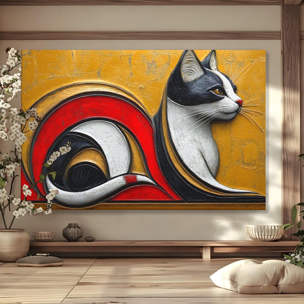 Tablou canvas cu tablou canvas cu pisica stilizata in profil, fara rama, pe sasiu de lemn